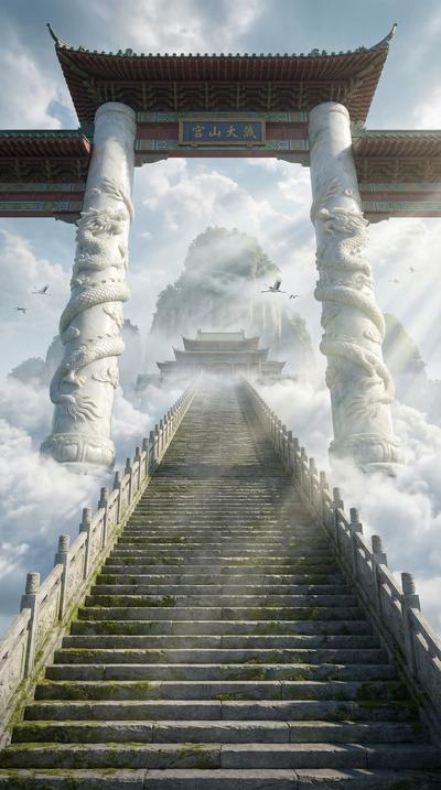 短剧场景：宗门大门（宏大/威严/仙气）